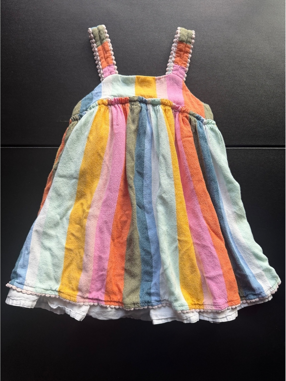 Tahari Girls 3T Rainbow Stripe Sundress Pom Pom Trim Boho Summer Dress